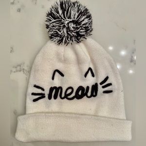 Cream & Black Meow Cat Beanie with Puff Ball